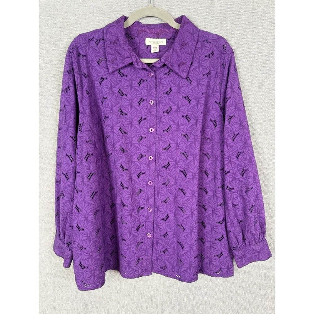 Appleseeds Womens 16W Purple Floral Eyelet Button Up Long Sleeve Sheer Artsy